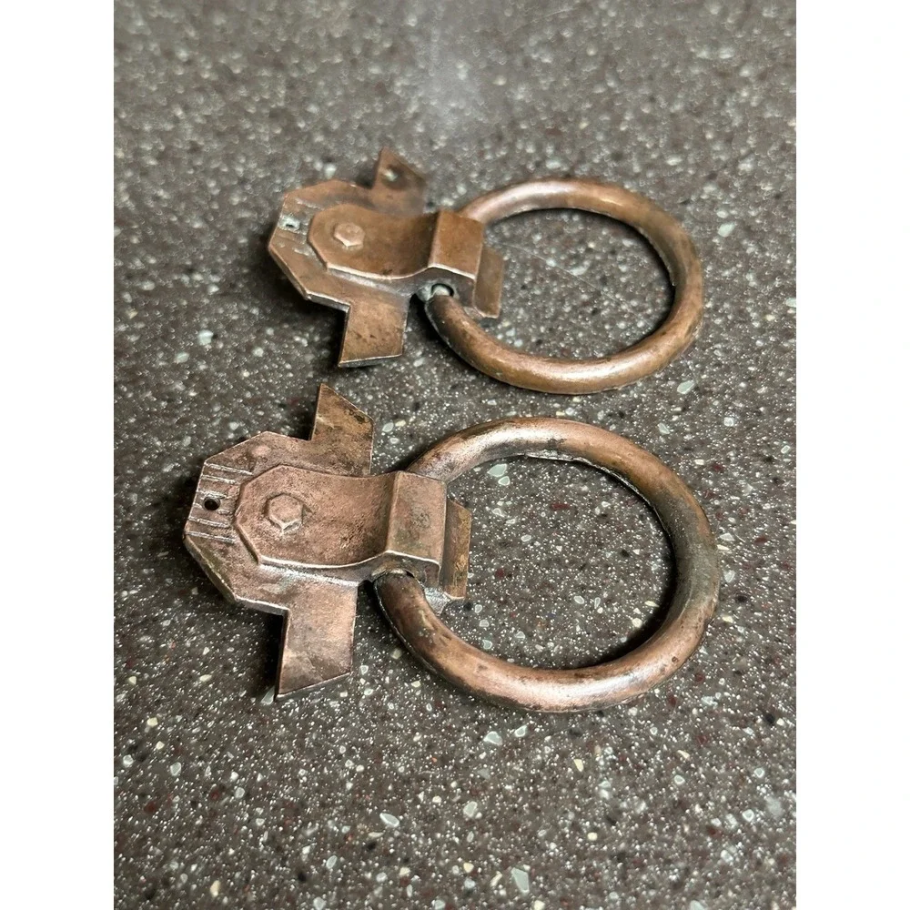Antique Art Deco Ring Drawer Pulls Set of‎ 2 Copper Brass Tone Cabinet Hardware